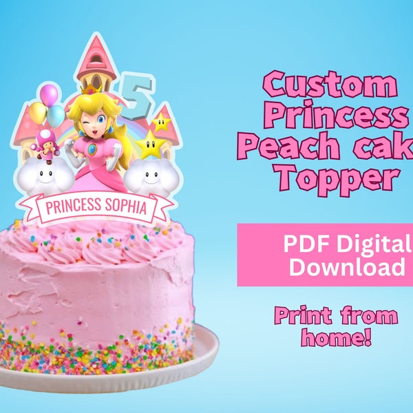 Aangepaste Princess Peach taart topper, PDF-download, DIY taart topper, Prinses Peach verjaardag, afdrukbare taart topper