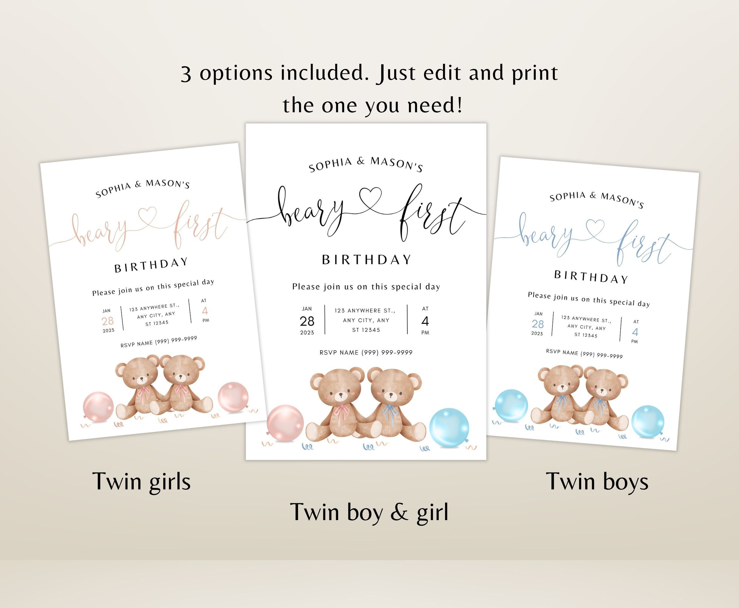Editable Twins 1st Birthday Invitation Canva Template Etsy