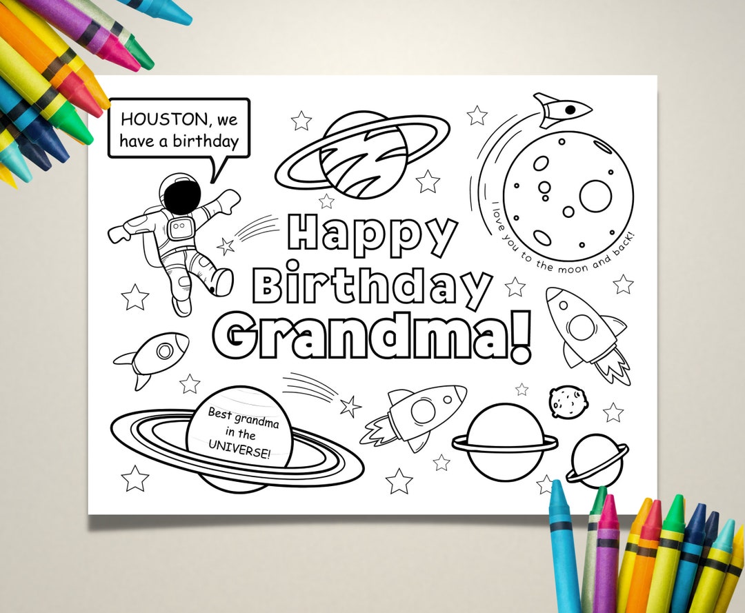 Printable Space Theme Birthday Coloring Sheet for Grandma, PDF Instant