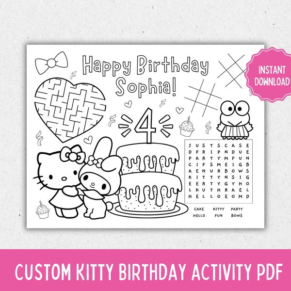 Custom kitty birthday activity sheet, digital download, printable activity sheet, kitty theme birthday, pdf download