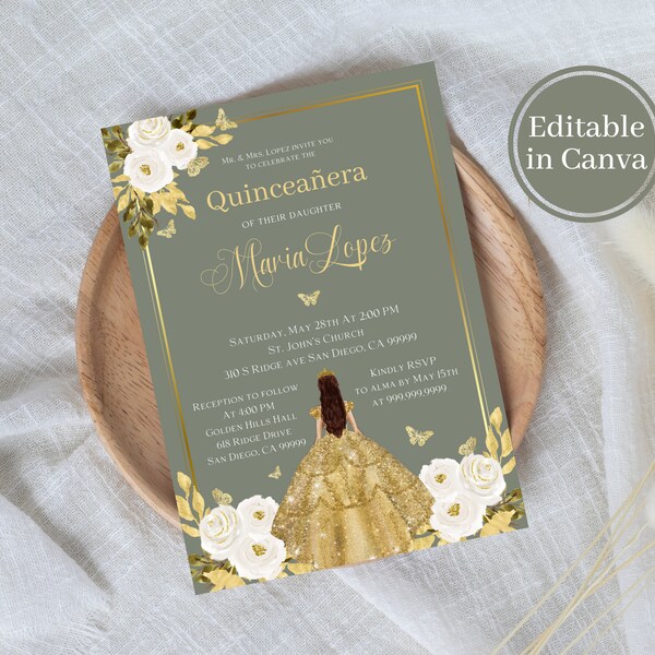 Editable Quinceañera invitation, sage green and gold invite, Canva template, 15th birthday invitation