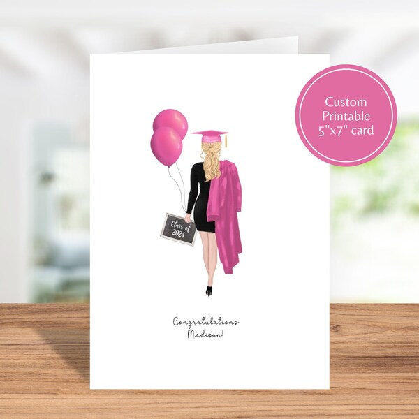 Girly pink Graduation card, instant download, printable graduation card for women, card for graduate, 2024 grad card, pink cap and gown