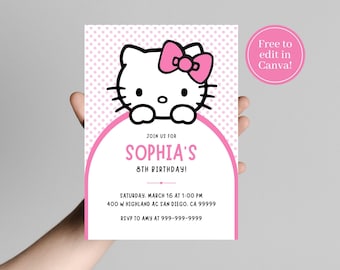 Bewerkbare Kitty verjaardagsuitnodiging, digitale download, Canva sjabloon, kitten uitnodiging, roze boog Kitty uitnodiging, roze polka dot Kitty uitnodiging