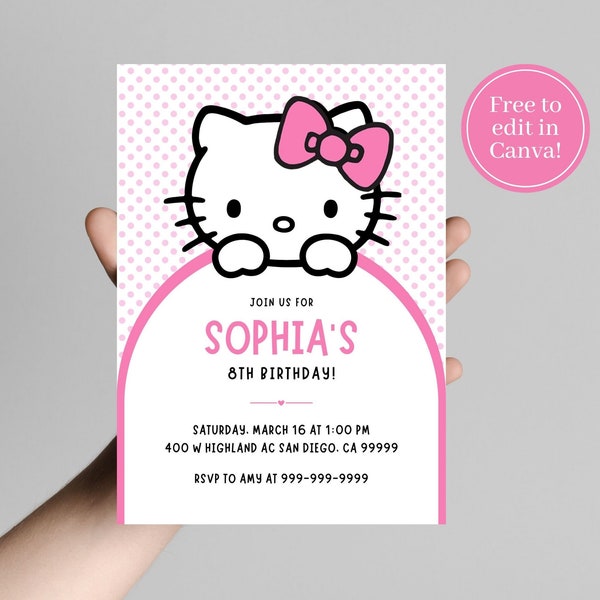 Editable kitty birthday invite, digital download, Canva template, kitten invitation, pink bow kitty invite, pink polka dot kitty invite