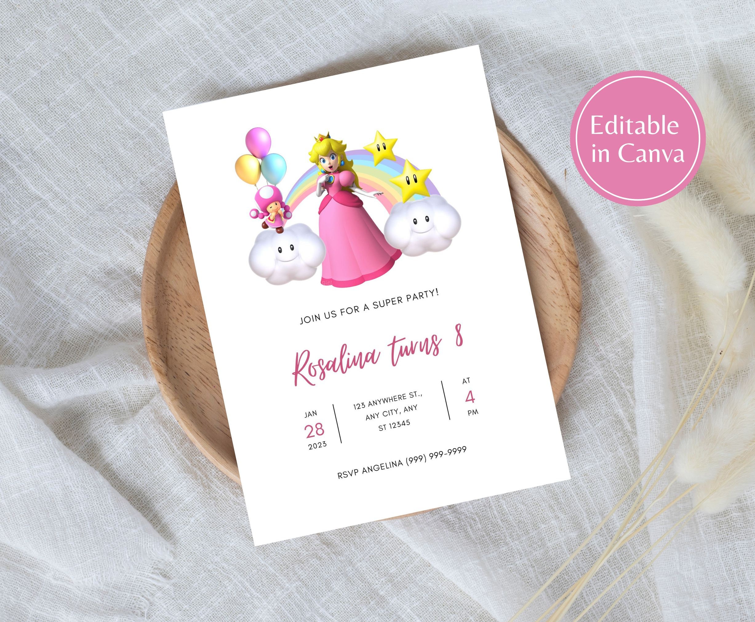 Editable Princess Peach Birthday Invitation Canva Template Etsy