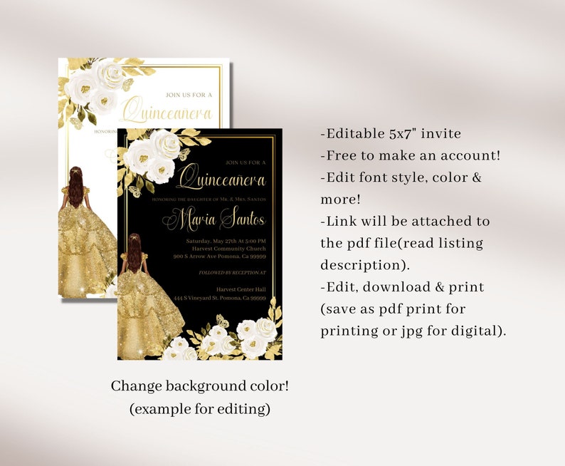Editable Quinceanera Invitation, Digital Download, Gold Glitter Theme