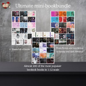 Pode incluir: Um Ultimate mini-bookbundle com capas de livros em miniatura. A imagem mostra uma coleção de capas de livros, com o texto "11 folhas cheias de livros" e "Da ficção e não ficção à fantasia e romance sombrio". O texto também diz "Quase 200 dos livros booktok mais populares em escala 1:12".