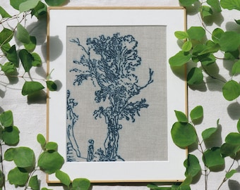 Man Admiring Tree by Rembrandt: A Hand-Block Wall Art Print in Natural Indigo Dye on Unbleached Irish Linen