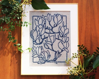 Magnolia: an Original Design Hand-Block Art Print in Natural Indigo Dye on Unbleached Irish Linen