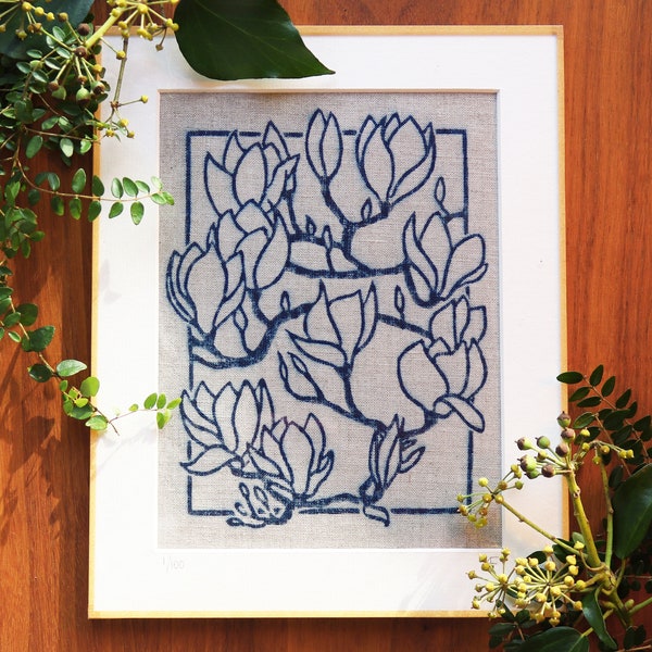 Magnolia: an Original Design Hand-Block Art Print in Natural Indigo Dye on Unbleached Irish Linen