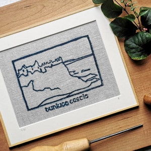 Dunluce Castle: an Original Design Hand-Block Art Print in Natural Indigo Dye on Unbleached Irish Linen