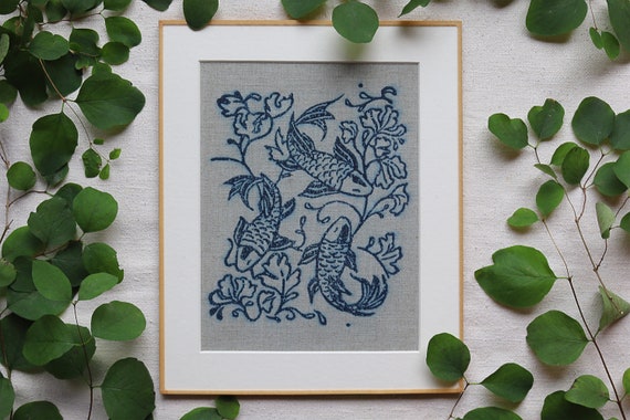 Koi Fish Wall Art: an Original Design Hand-Block Art Print in Natural Indigo Dye on Unbleached Irish Linen