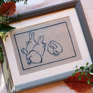 Hokusai&#39;s Rabbits: a Hand-Block Wall Art Print in Natural Indigo Dye on Unbleached Irish Linen
