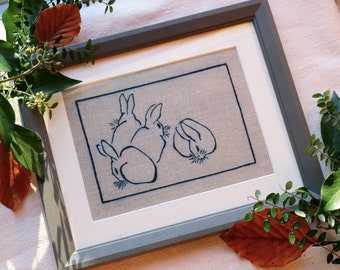 Hokusai's Rabbits: a Hand-Block Wall Art Print in Natural Indigo Dye on Unbleached Irish Linen