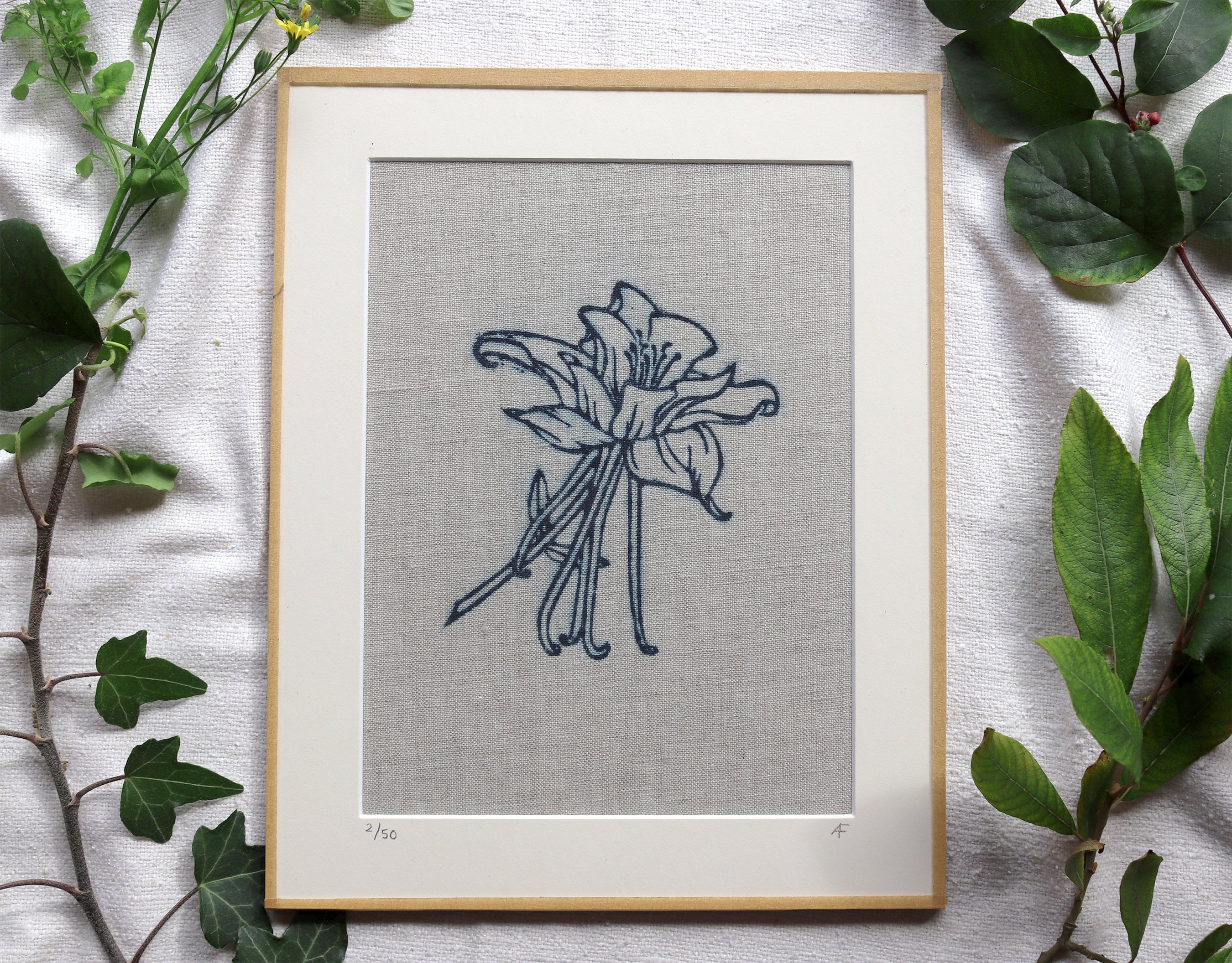 Columbine: an Original Design Hand-Block Art Print in Natural Indigo Dye on Unbleached Irish Linen