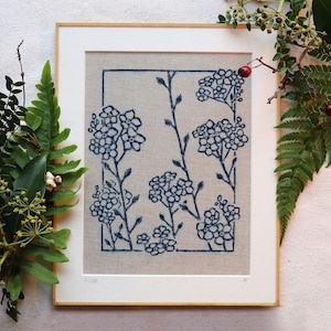 Forget Me Not: an Original Design Hand-Block Art Print in Natural Indigo Dye on Unbleached Irish Linen