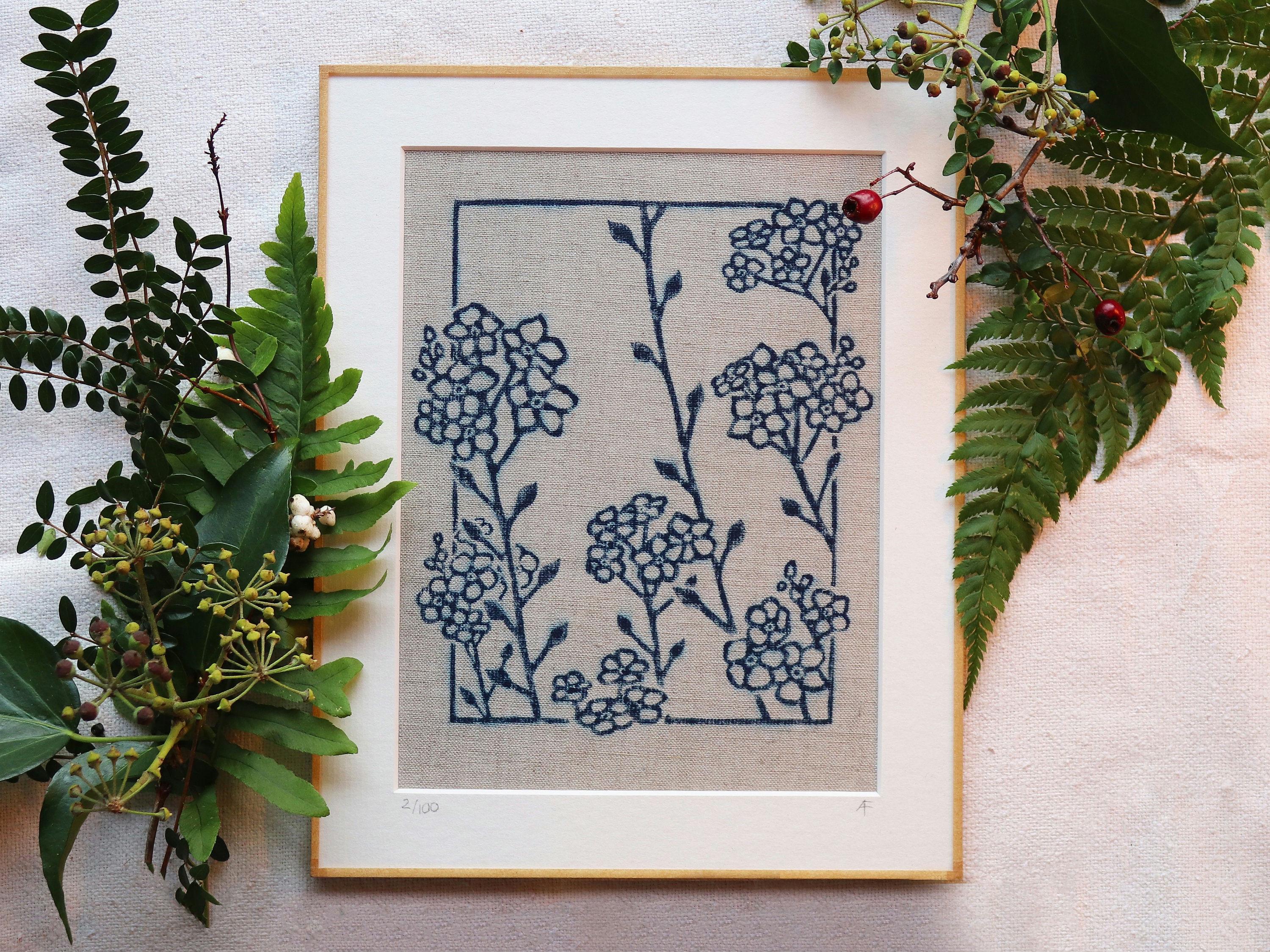 Forget Me Not: an Original Design Hand-Block Art Print in Natural Indigo Dye on Unbleached Irish Linen