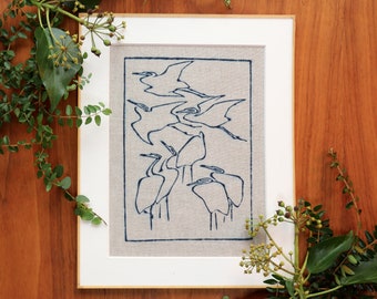 Hokusai Cranes Print: Indigo Hand-Block on Linen