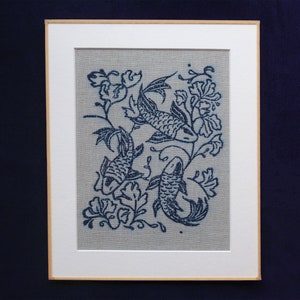 Linocut art print in indigo ink on natural irish linen featuring swimming koi fish and William Morris inspired botanical designs. Framed in a frame package. 8x10 inches.