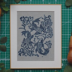 Linocut art print in indigo ink on natural irish linen featuring swimming koi fish and William Morris inspired botanical designs. Framed in a frame package. 8x10 inches.
