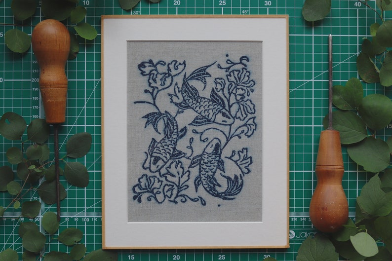 Linocut art print in indigo ink on natural irish linen featuring swimming koi fish and William Morris inspired botanical designs. Framed in a frame package. 8x10 inches.
