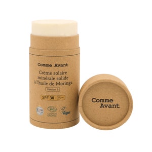 Comme Avant - Solid Organic Mineral Sunscreen SPF30 with Moringa Oil - Zinc Oxide - Sensitive Skin - Vegan - Resistant to