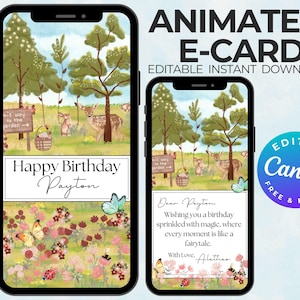 Editable Woodland Birthday E-Card for Kids or Her | Whimsical Forest Animals Digital Card | Cottage Core Ecard | Personalized Canva Template