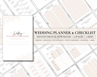 May include: A printable wedding planner and checklist with a pink and white color scheme. The planner includes sections for budgeting, seating charts, venue comparisons, and more. The text on the cover reads "Wedding Planner & Checklist" and "Instant Digital Download | 33 Pages | 3 Sizes".