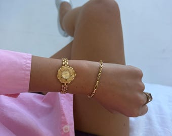 The oryx vintage Gold Beaded Bracelet Watch Vintage Moving Gold Tone Floating Beads Beaded Bracelet Band  main image 3