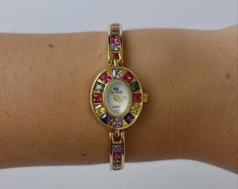 Reloj de pulsera multicolor para mujer, estilo retro con pulsera dorada, esfera pequeña, con piedras de colores, joyería vintage femenina, regalo único para ella.