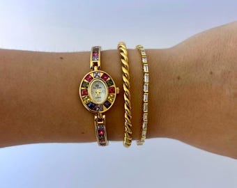 Reloj de oro vintage para mujer, reloj con pulsera de piedras preciosas de colores, reloj de pulsera de esfera pequeña y delicada, joyería femenina retro, regalo único para ella.