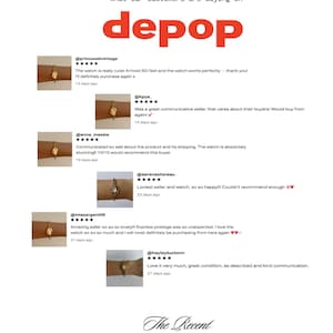 Puede incluir: Una pantalla gr&aacute;fica titulada What our Customers are saying on depop que presenta seis rese&ntilde;as de cinco estrellas de varios usuarios. Cada rese&ntilde;a incluye un nombre de usuario, una calificaci&oacute;n de estrellas y una foto de un reloj dorado.