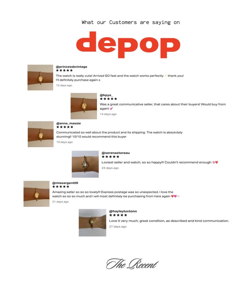 Puede incluir: Una pantalla gr&aacute;fica titulada What our Customers are saying on depop que presenta seis rese&ntilde;as de cinco estrellas de varios usuarios. Cada rese&ntilde;a incluye un nombre de usuario, una calificaci&oacute;n de estrellas y una foto de un reloj dorado.