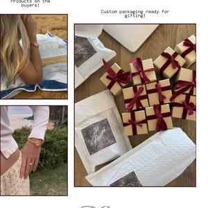 Puede incluir: Una pulsera de eslabones dorados con un dije circular, un anillo peque&ntilde;o y varias cajas de regalo cuadradas de color beige atadas con cintas de terciopelo rojo oscuro, junto a sobres acolchados blancos con una etiqueta floral con el texto The Recent.