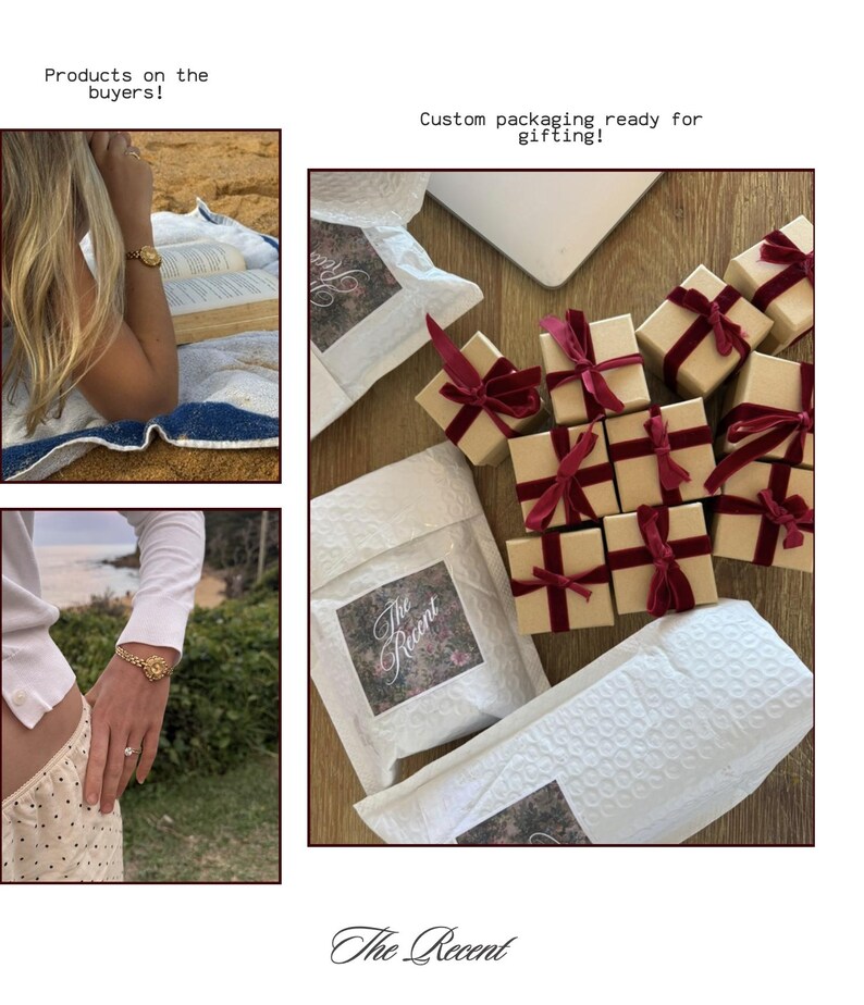 Puede incluir: Una pulsera de eslabones dorados con un dije circular, un anillo peque&ntilde;o y varias cajas de regalo cuadradas de color beige atadas con cintas de terciopelo rojo oscuro, junto a sobres acolchados blancos con una etiqueta floral con el texto The Recent.