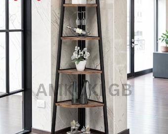 Tall Corner Ladder Shelf Rustic 5-Tier Space Saving Bookshelf