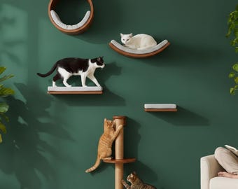 Solid Wood Cat Wall Shelves Set 5 In 1 Floating Cat Furniture
