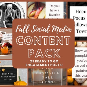 Puede incluir: Un collage de imágenes con temas otoñales, que incluyen un esqueleto, café y sidra de manzana, calabazas y un cartel que dice "¡Deja caer una foto familiar de otoño abajo!"