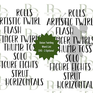 Baton Twirling Word List SVG, Two Files Included - Words and Silhouette Designs, Majorette Word List, Twirl SVG, Twirler Shirt File, Cricut