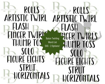 Baton Twirling Word List SVG, Two Files Included - Words and Silhouette Designs, Majorette Word List, Twirl SVG, Twirler Shirt File, Cricut