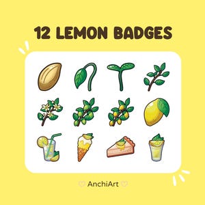 May include: A collection of 12 lemon-themed digital badges arranged in a grid on a white background. The icons include a seed, sprout, branch, lemon fruit, lemonade, ice cream, and a slice of cake. The text 12 LEMON BADGES appears at the top.