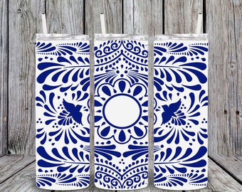 Talavera Floral White and Blue 20oz Tumbler Cup, Flora, Gift, tumbler with straw