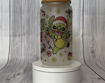 Christmas Stitch 16 oz Frosted Glass Tumbler Cup, Stitch lover, Coffee cup, Gift for her, Gift for him, Birthday present