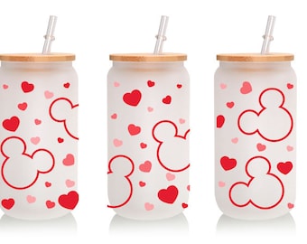 Disney Mickey Mouse Valentines 16oz Glass Cup, Disney Lover, Gift, Valentines Day