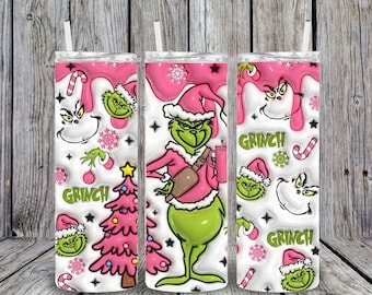 Grinch 3D Puff Christmas 20oz Tumbler Cup, Grinch fan, Grinch lover, Stanley, Gift, Girl, Candy Canes, Snowflakes