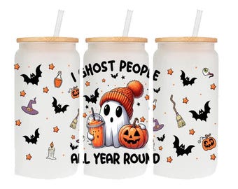 I Ghost People All Year Long 16 oz Glass Tumbler Cup, Halloween Cup, Halloween Lover, Halloween, Ghosts, Bats, Pumpkins