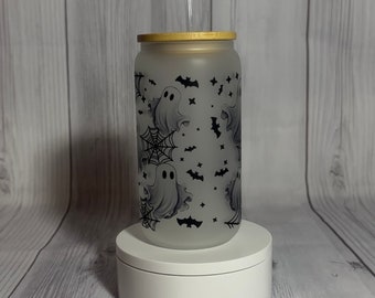 Halloween Ghosts Bats and Webs 16oz Glass Tumbler with straw, Halloween Cup, Ghosts, Holiday Cup
