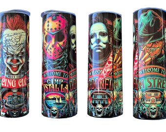 Halloween Streets 20oz Tumbler Cup, Horror Characters and Streets Cup, Camp Crystal Lake, Elm Street, with Straw