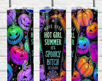 Halloween Tumbler Hot Girl Summer Spooky Bitch Season Neon Pumpkins Tumbler Cup 20 oz with Lid and Straw