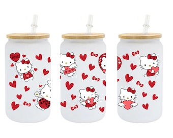 Hello Kitty Valentines 16oz Glass Cup, Hello Kitty Lover, Gift, Valentines Day
